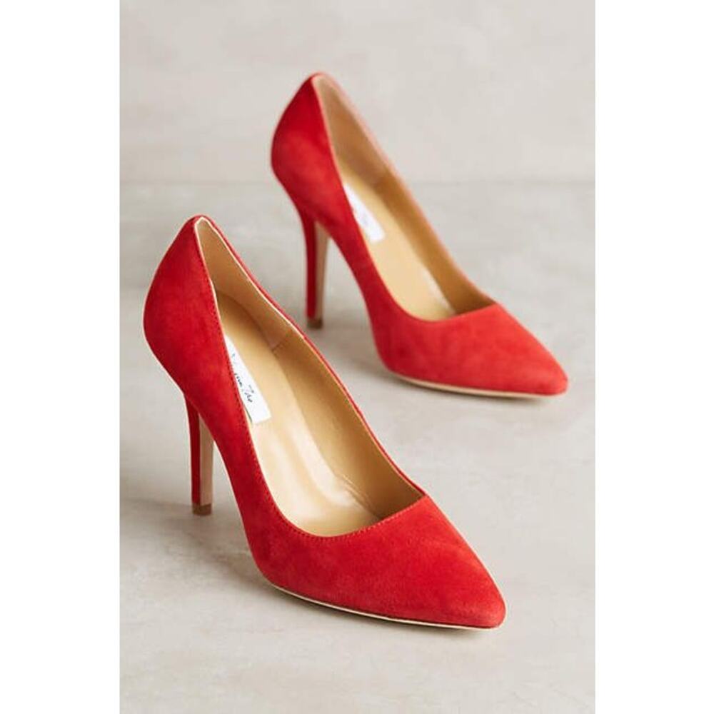 Anthropologie Vanessa Tao Pointed Toe Pumps Size 38 7.5 Red Suede Leather Heels‎